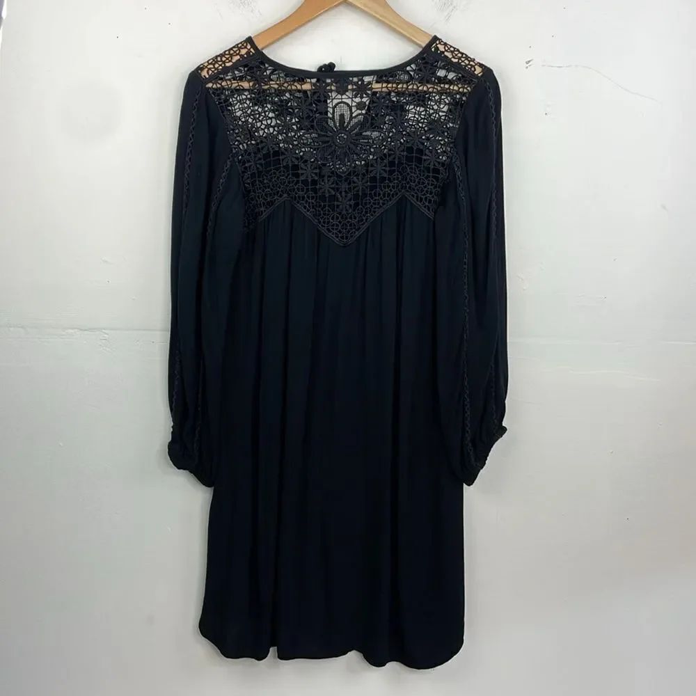 American Eagle Black Gothic Lace Yoke Tunic Dress Boho Romantic Long Sleeve Medi - Picture 6 of 14
